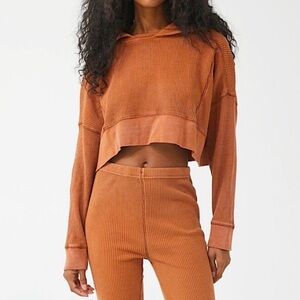 Anthropologie Out from Under Orange Waffle Knit Cropped Pullover Hoodie Medium